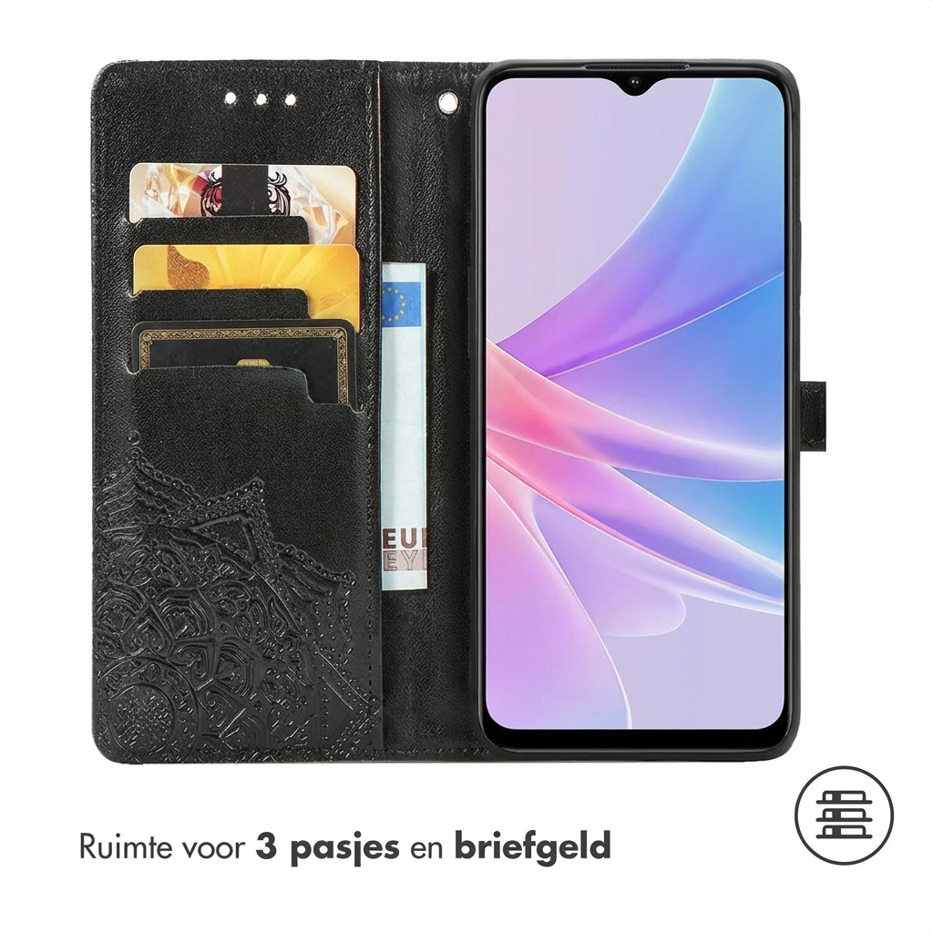 Zwarte telefoonhoes met kaarthouders en geldvak. Telefoon met kleurrijk display.
