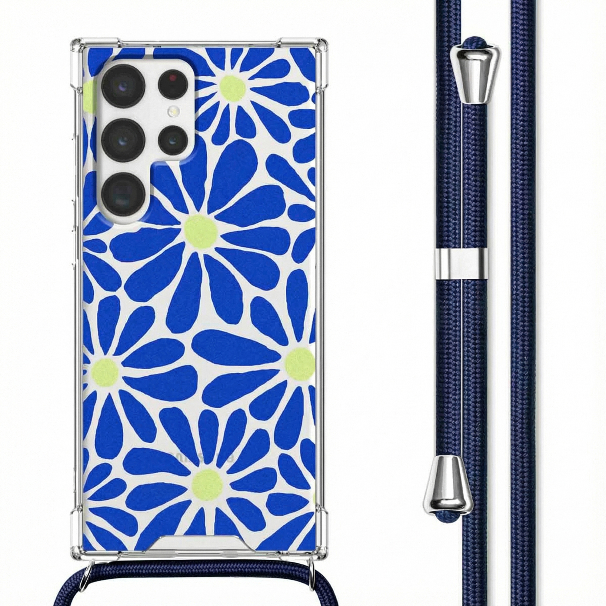 Een doorzichtige telefoonhoes met blauw-witte bloemen en een blauw bandje.
