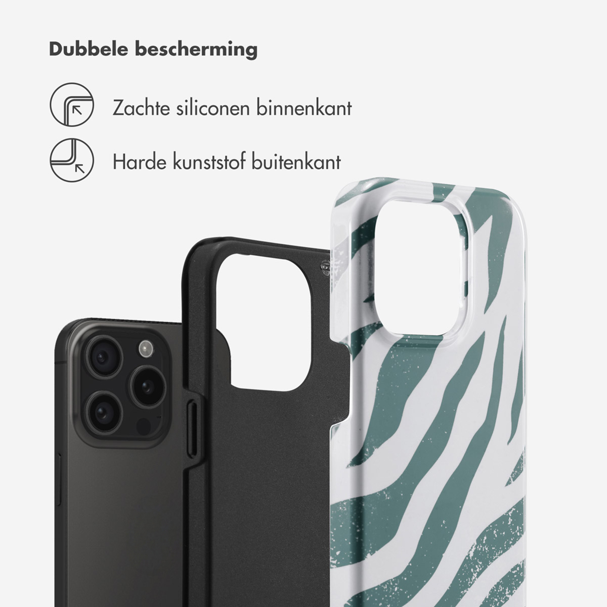 Telefoonhoesje met zebraprint, zacht siliconen en hard plastic.