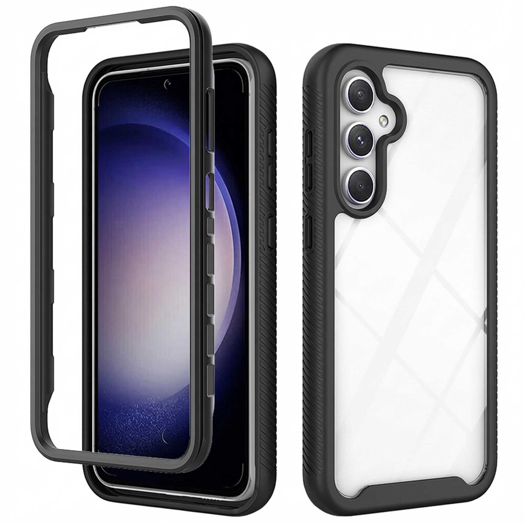Twee zwarte telefoonhoesjes naast elkaar. Eén toont de voorkant met een blauw scherm.