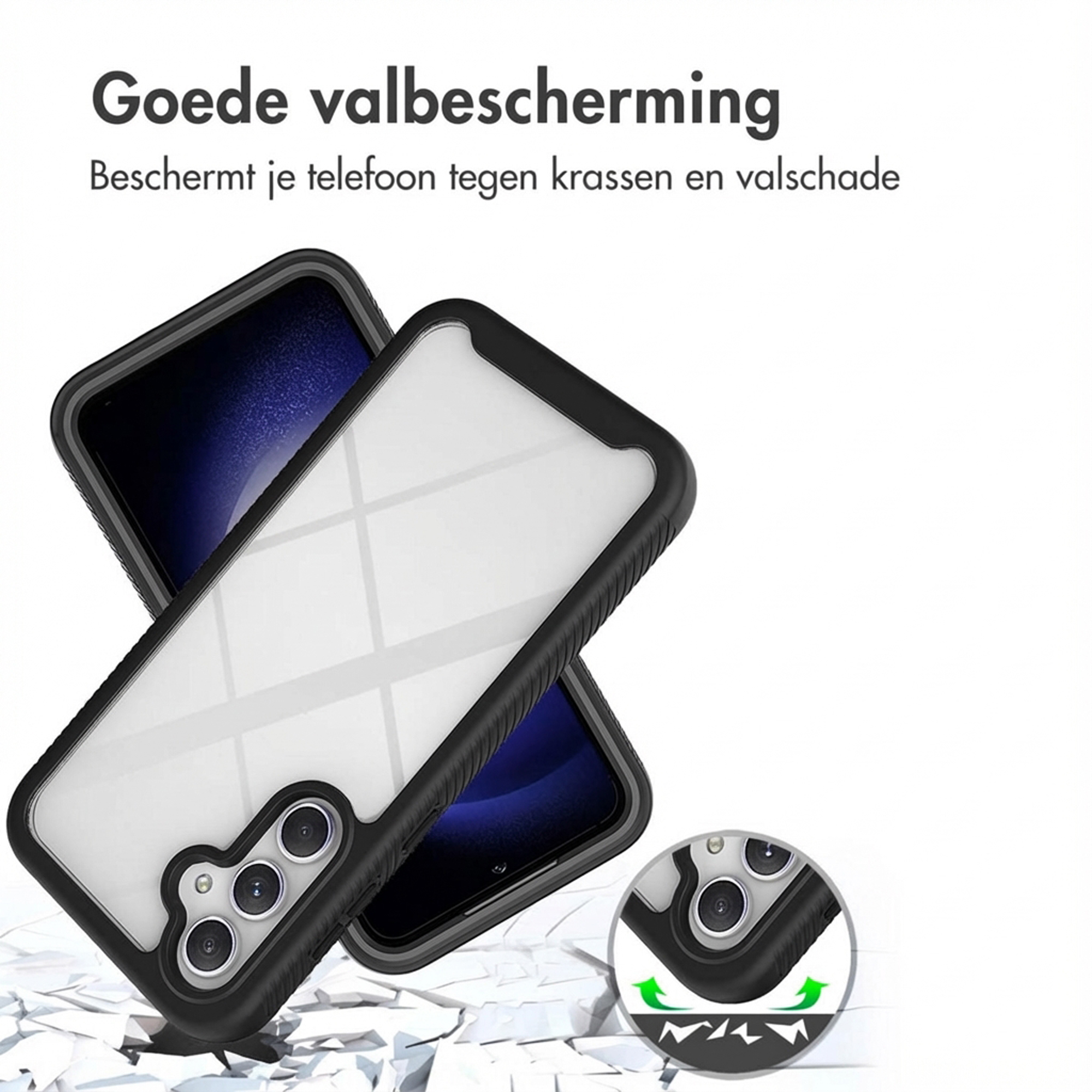 Doorzichtige telefoonhoes met zwarte rand, op een gebroken ondergrond.