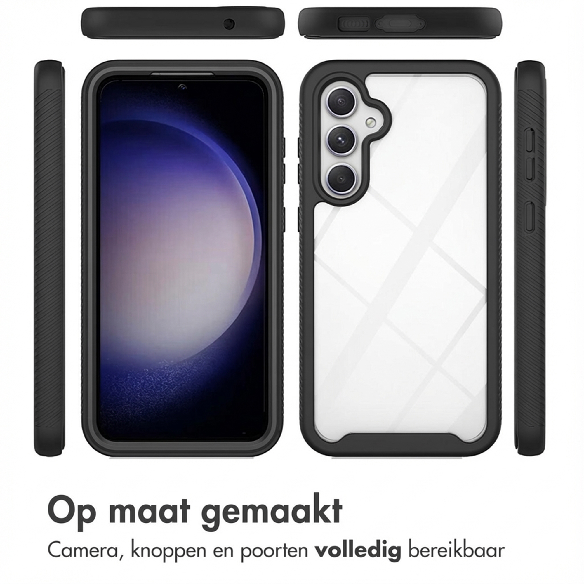 Zwarte telefoonhoes met transparante achterkant en camerauitsparing.