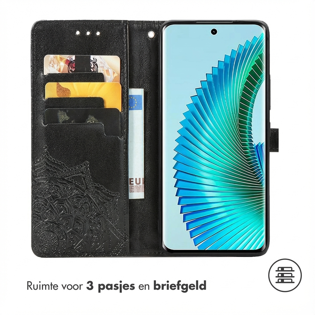 Étui portefeuille noir avec téléphone, fentes pour cartes et porte-billets.