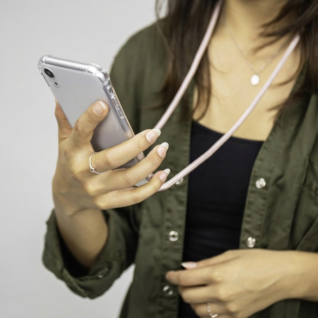 Een vrouw houdt een smartphone met doorzichtige hoes vast met roze koord.
