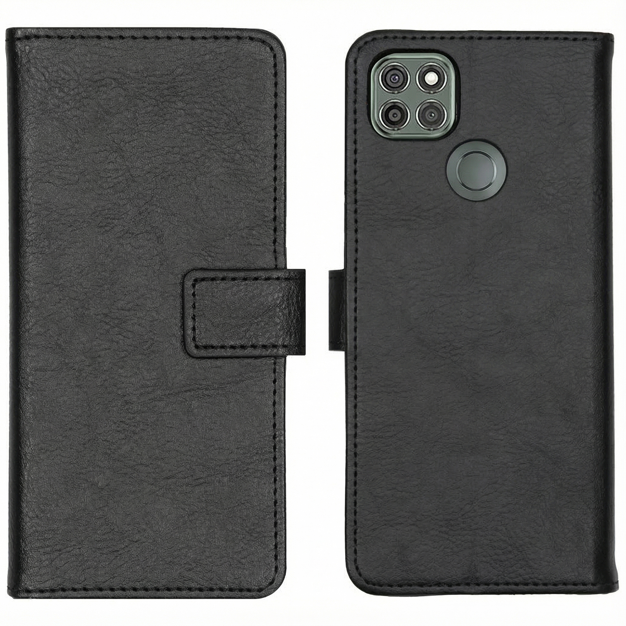Étui de téléphone en cuir noir, montré ouvert. Dos avec appareil photo et capteur d'empreintes digitales.