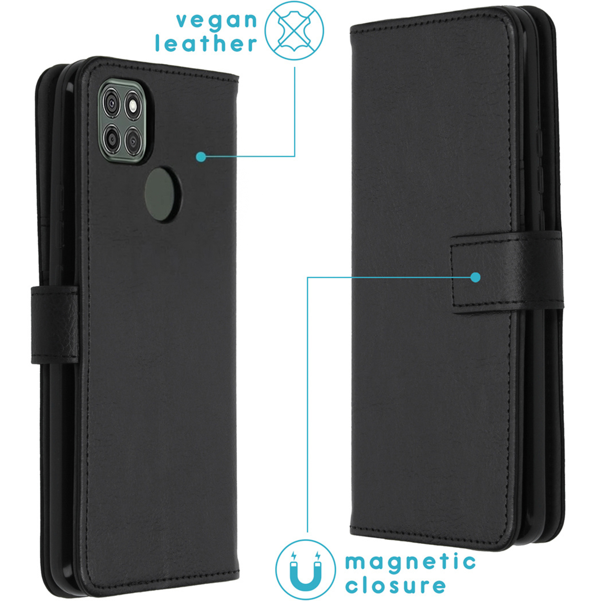 Étui de téléphone noir en cuir végétalien avec fermeture magnétique et découpe caméra.