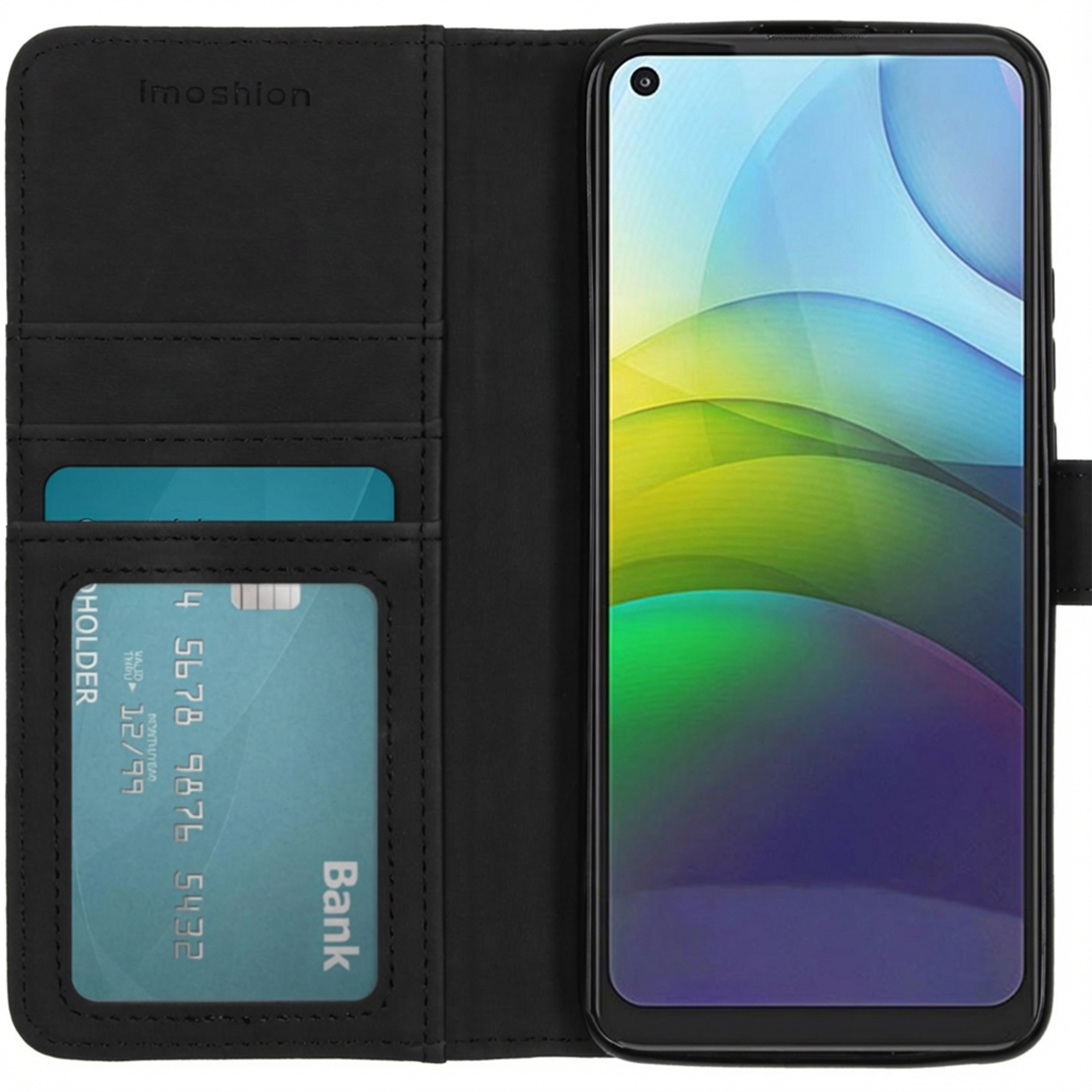 Étui portefeuille noir pour téléphone avec fentes pour cartes et un téléphone à fond coloré.