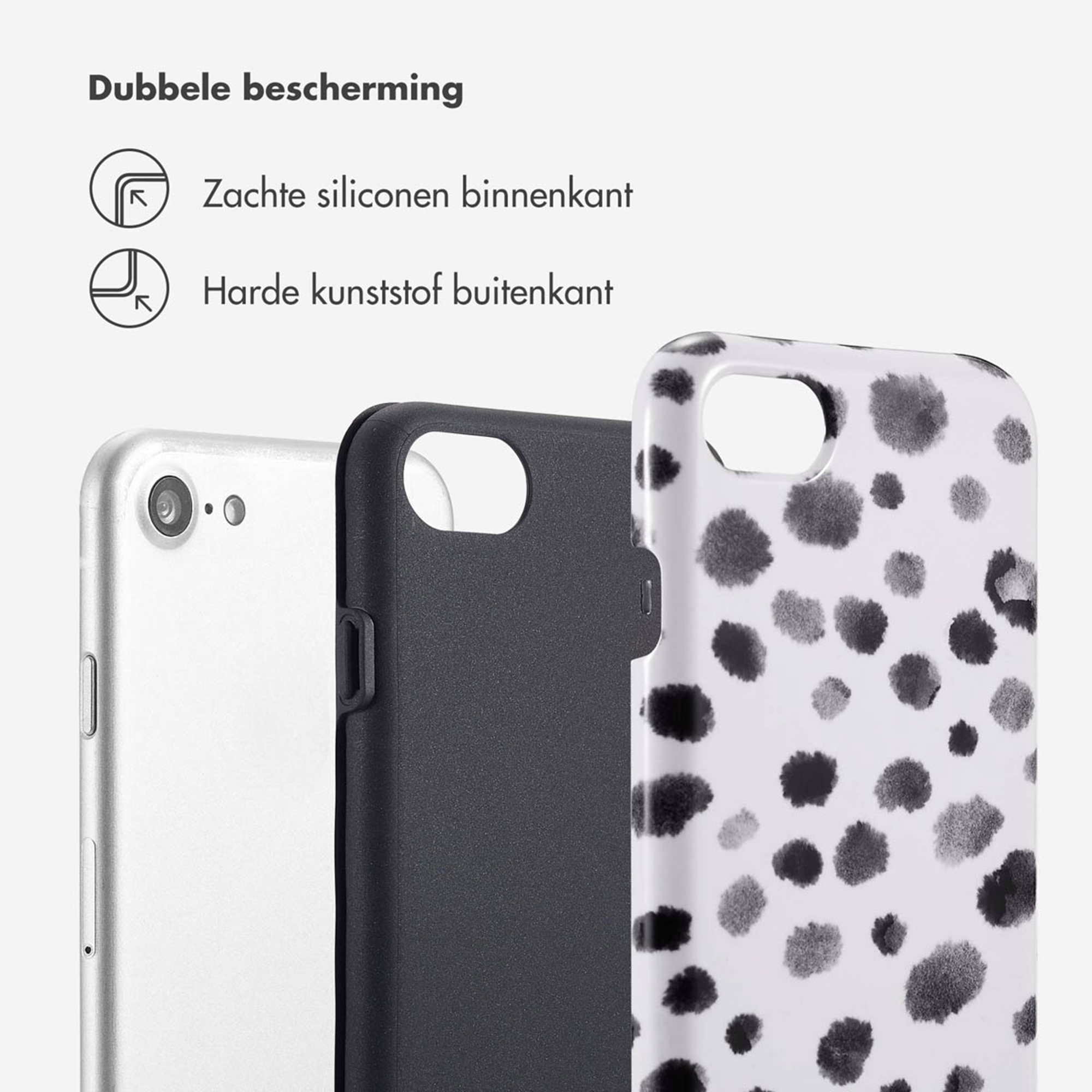 Drie telefoonhoesjes: zilver, zwart en met stippenpatroon.