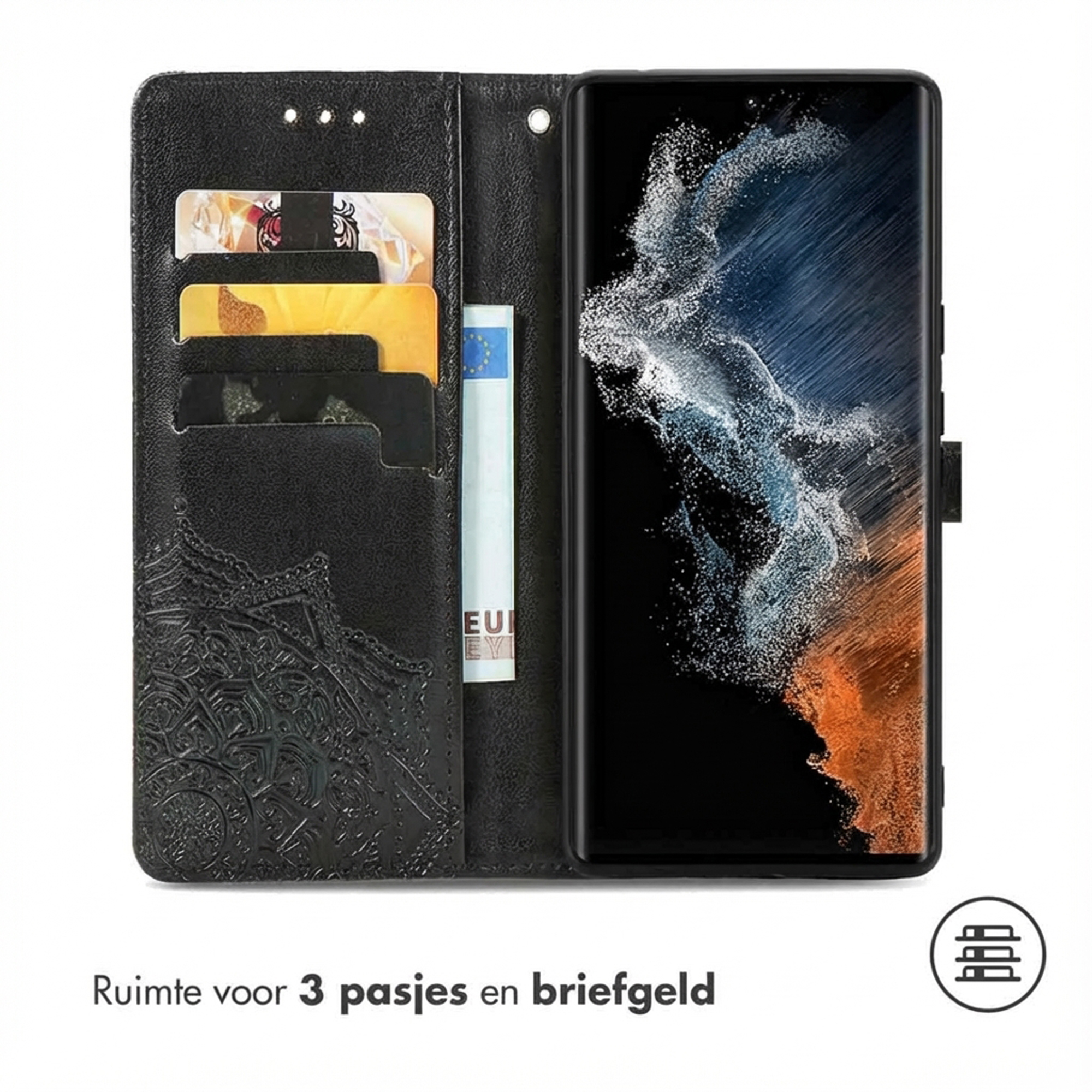 Zwarte telefoonhoes met kaarthouders en geldvak, met een smartphone erin.