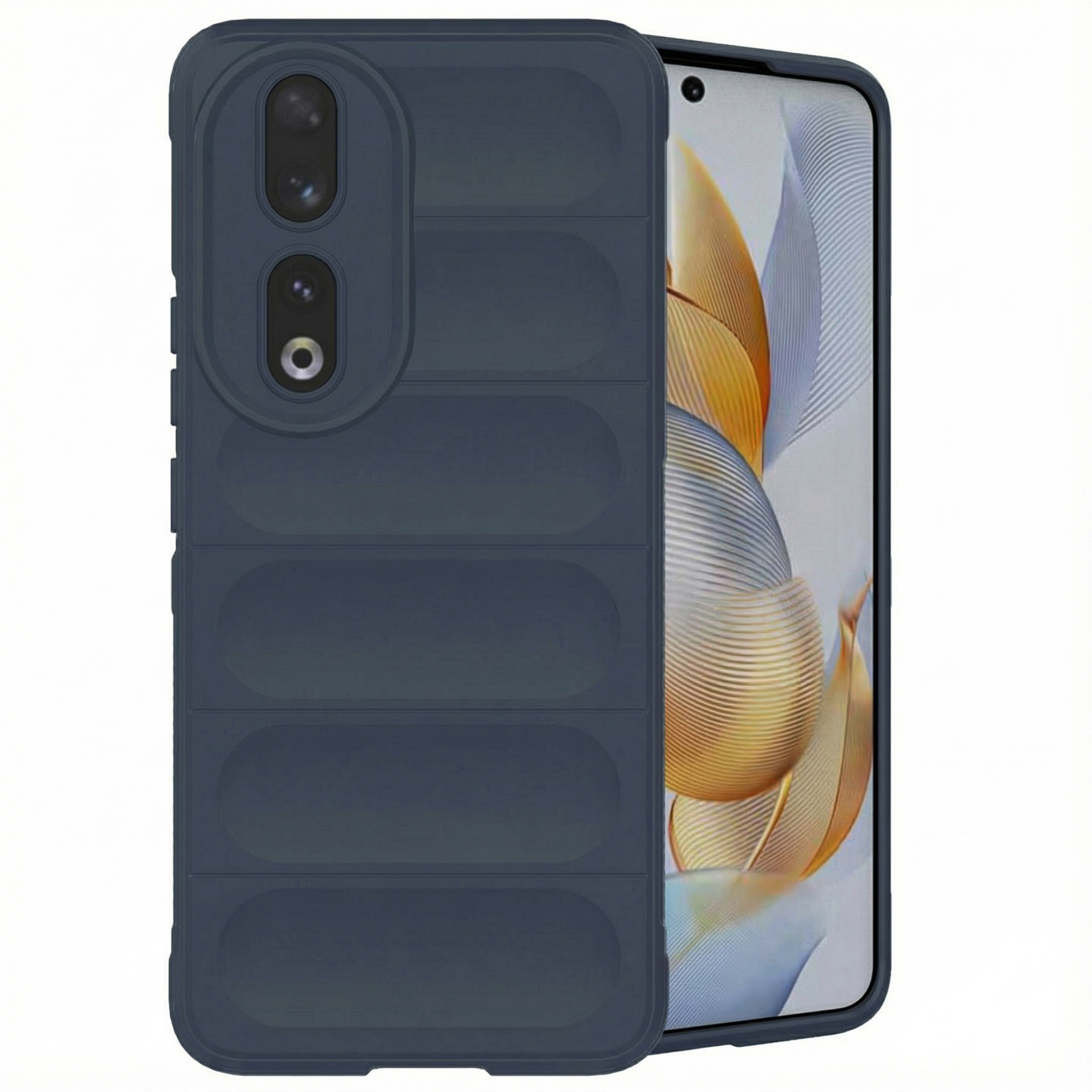 Coque de téléphone bleu foncé avec protection caméra et dos nervuré.