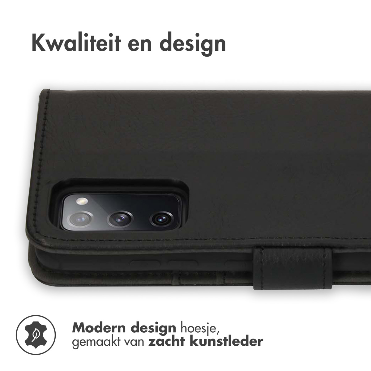 Zwarte telefoonhoes met camerauitsparing en tekst 'Kwaliteit en design'.