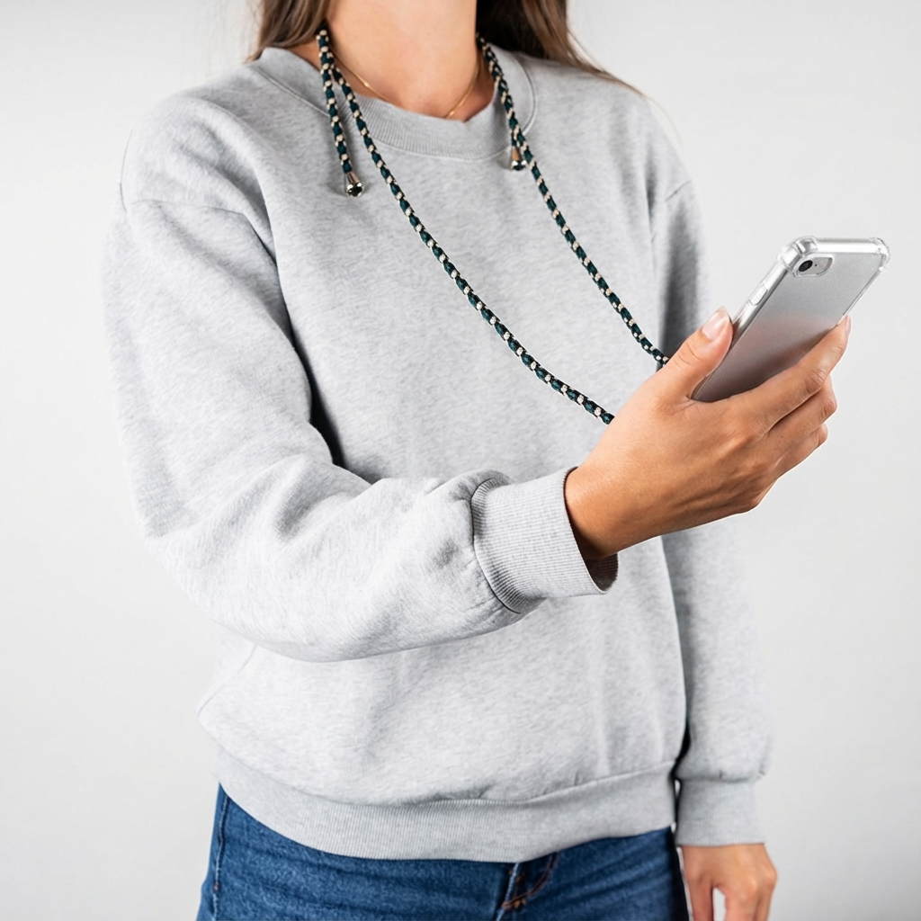 Une femme en sweat gris tient un smartphone avec une lanière.