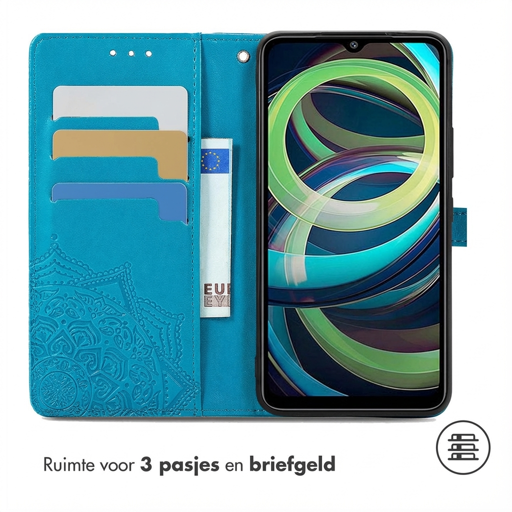 Portafoglio blu per telefono con slot per carte, scomparto banconote e telefono.