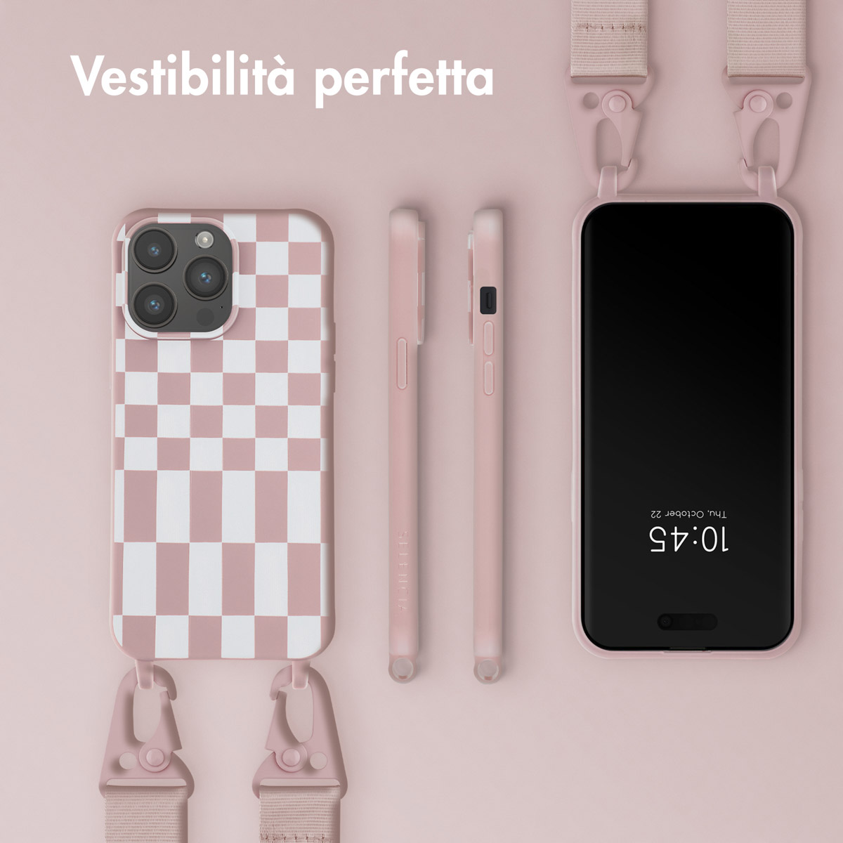 Coque de téléphone rose à carreaux avec lanière et deux autres coques.