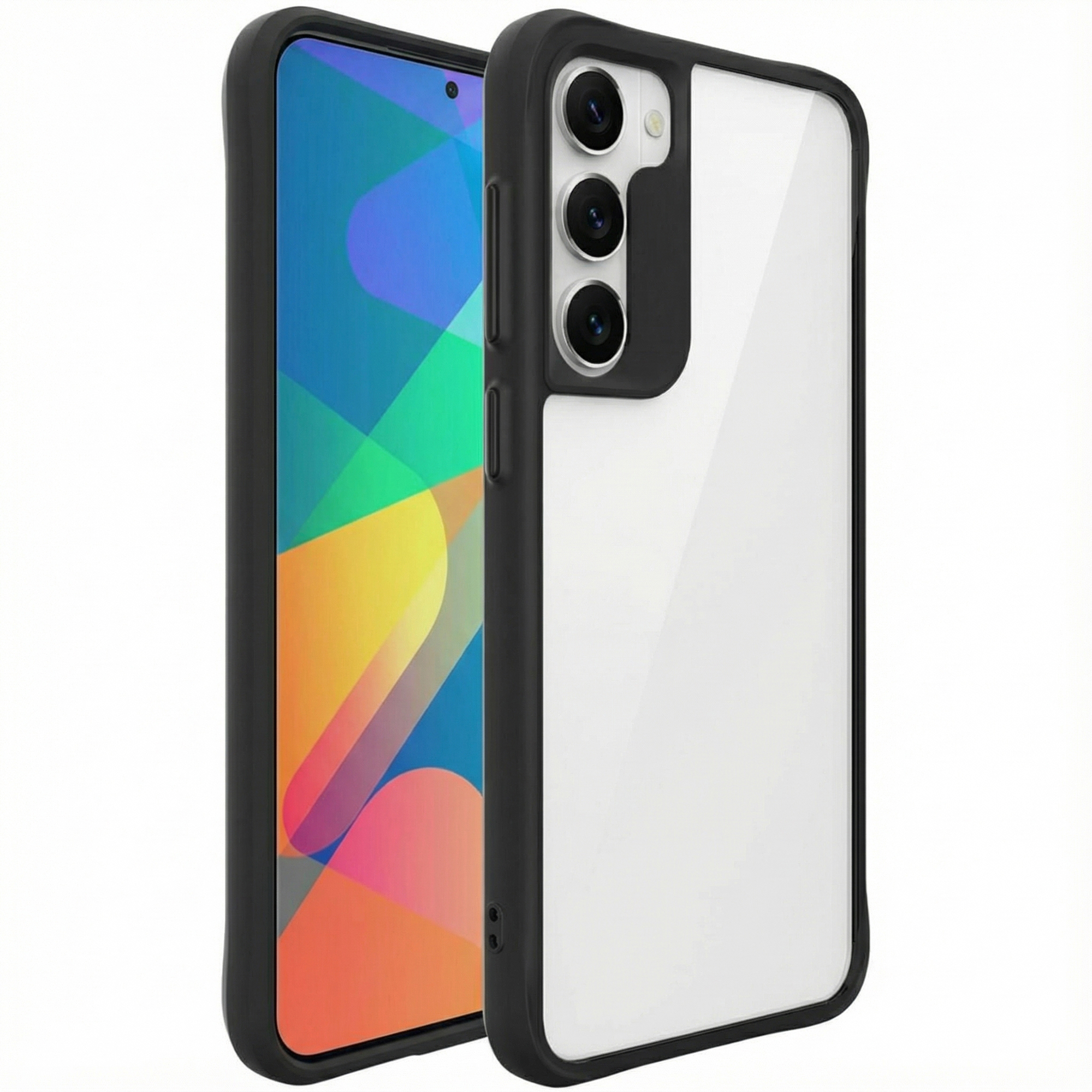 Coque noire pour téléphone avec triple caméra et dos transparent, écran coloré.
