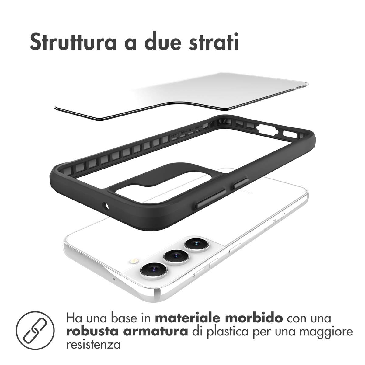 Coque de téléphone à deux couches : écran clair, cadre noir, téléphone blanc.