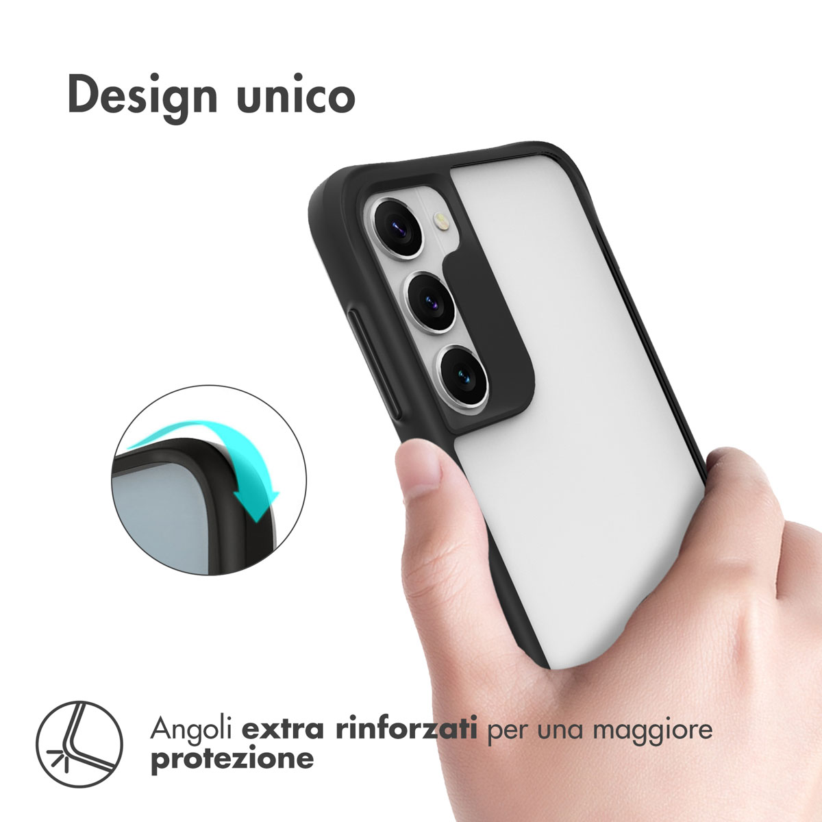 Un téléphone dans un étui de protection noir tenu par une main.