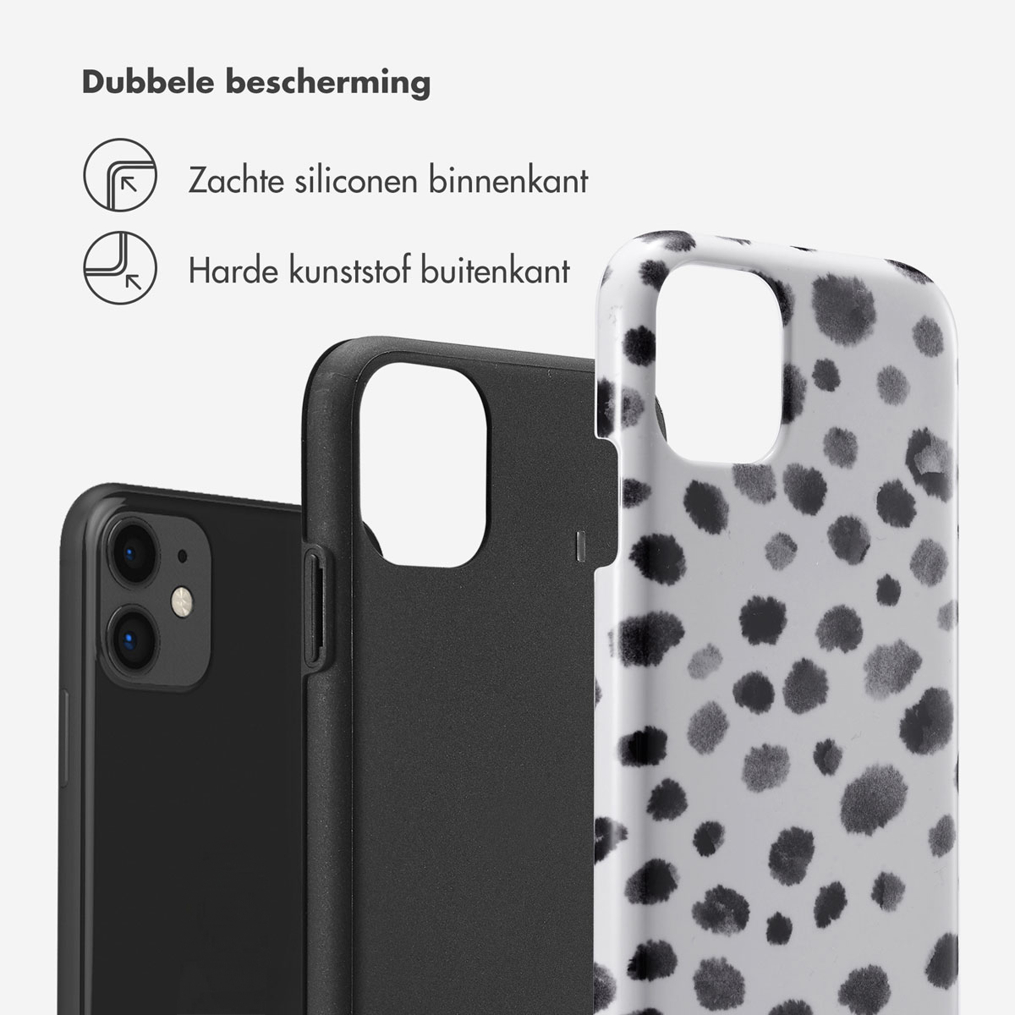 Un téléphone noir avec deux coques : une intérieure en silicone souple, une extérieure à pois.