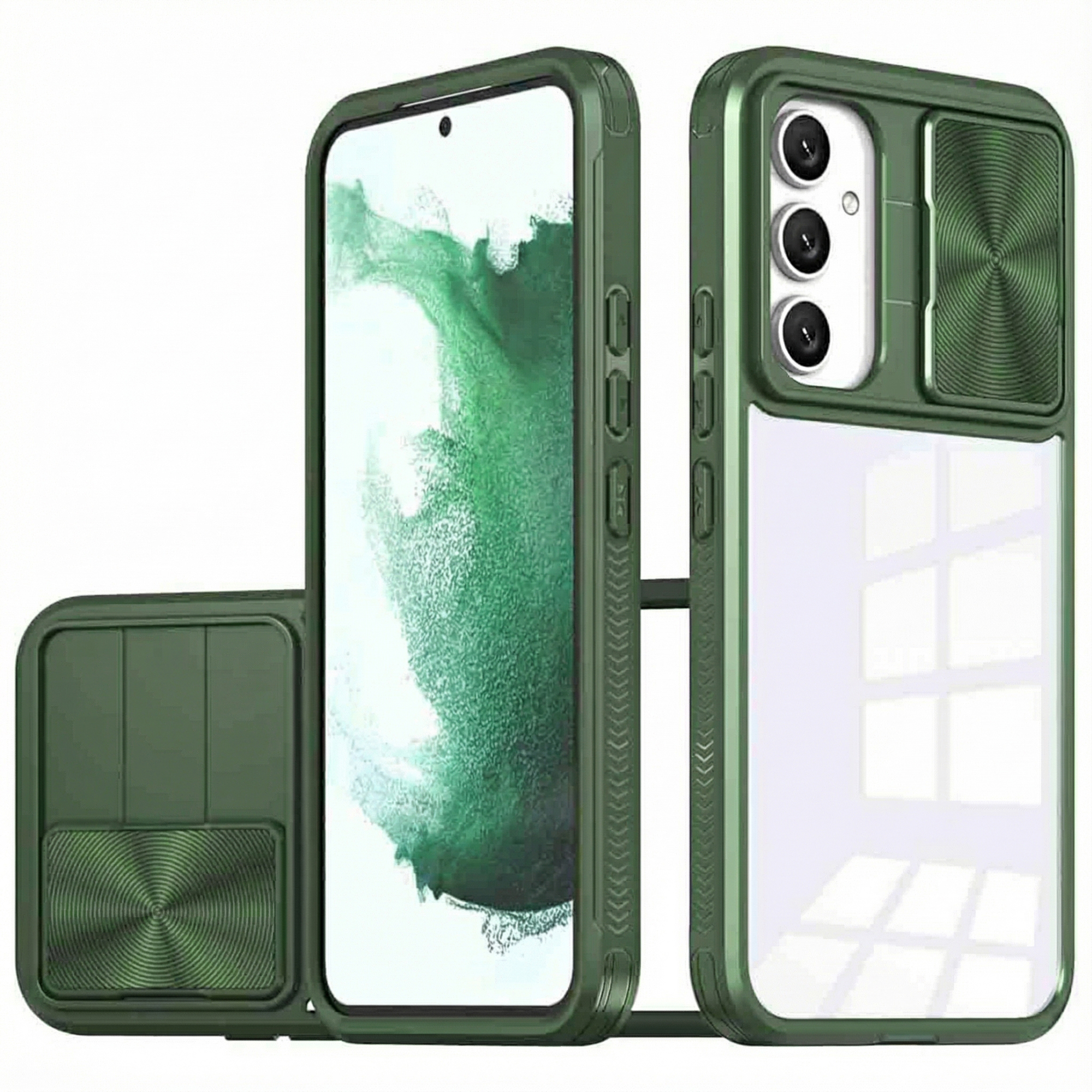 Groene telefoonhoes met schuifbare camerahoes en doorzichtig achterpaneel.