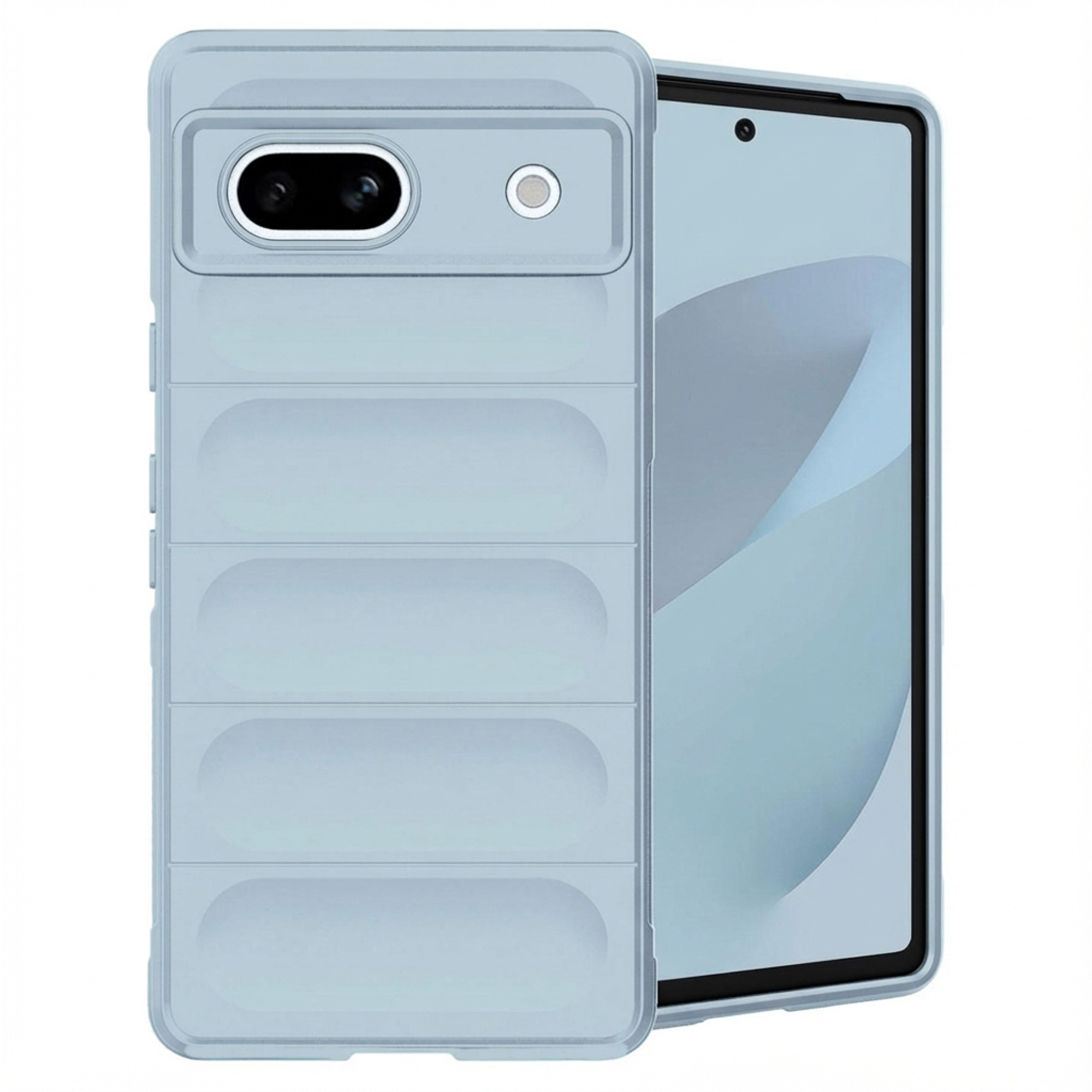Ein hellblaues Handy mit einer Hülle mit horizontalen Linien.