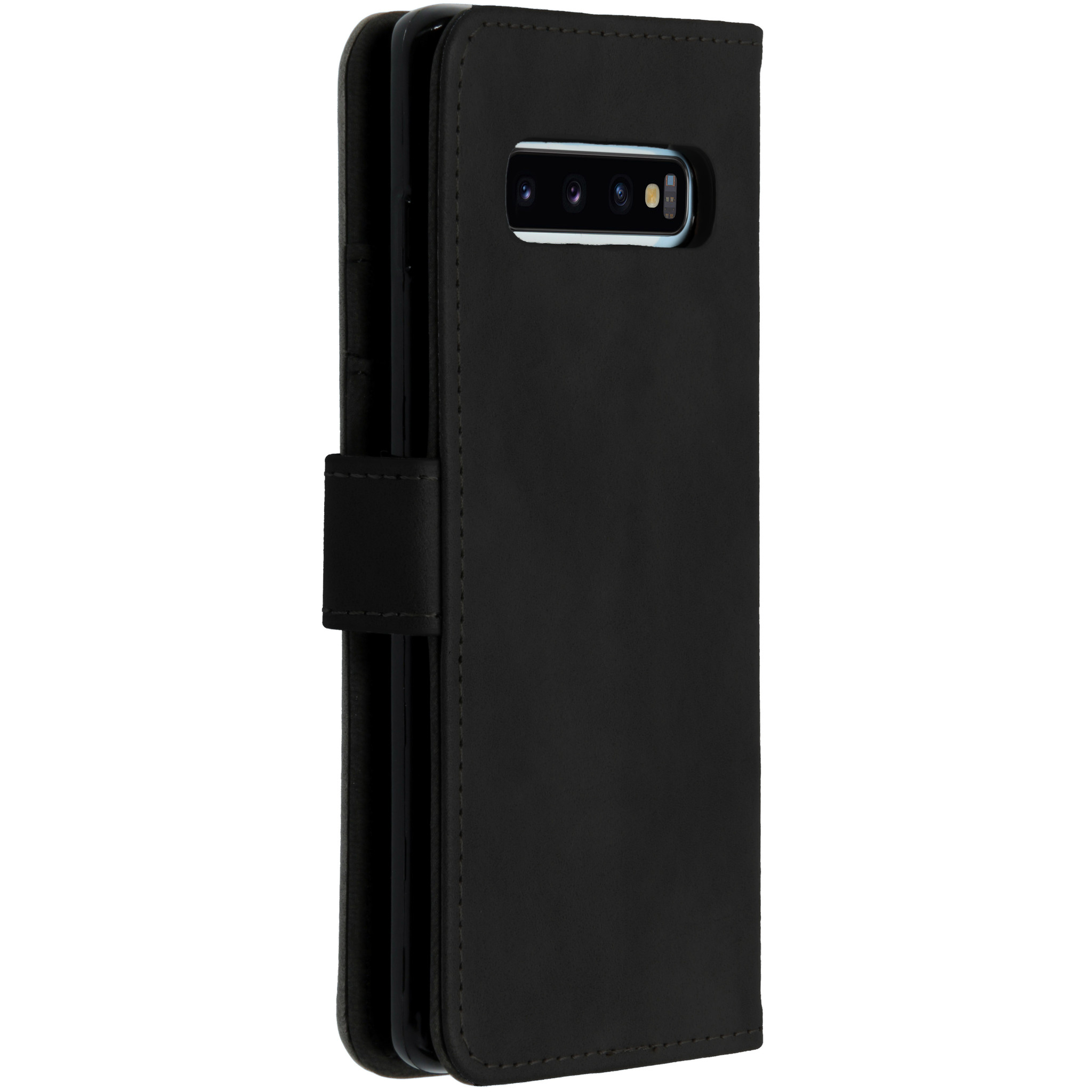 Zwarte flip telefoonhoes met zichtbare cameralenzen en sluitband.