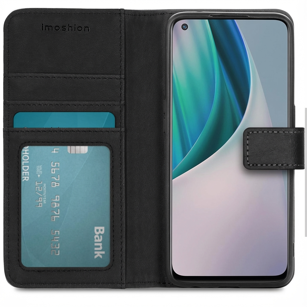 Custodia a libro in pelle nera con telefono, slot per carte e carta bancomat.