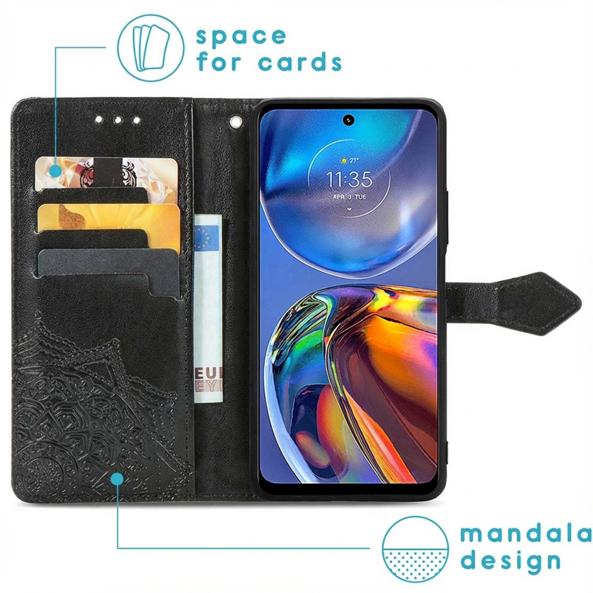Étui de téléphone noir avec fentes pour cartes, design mandala et billet en euros.