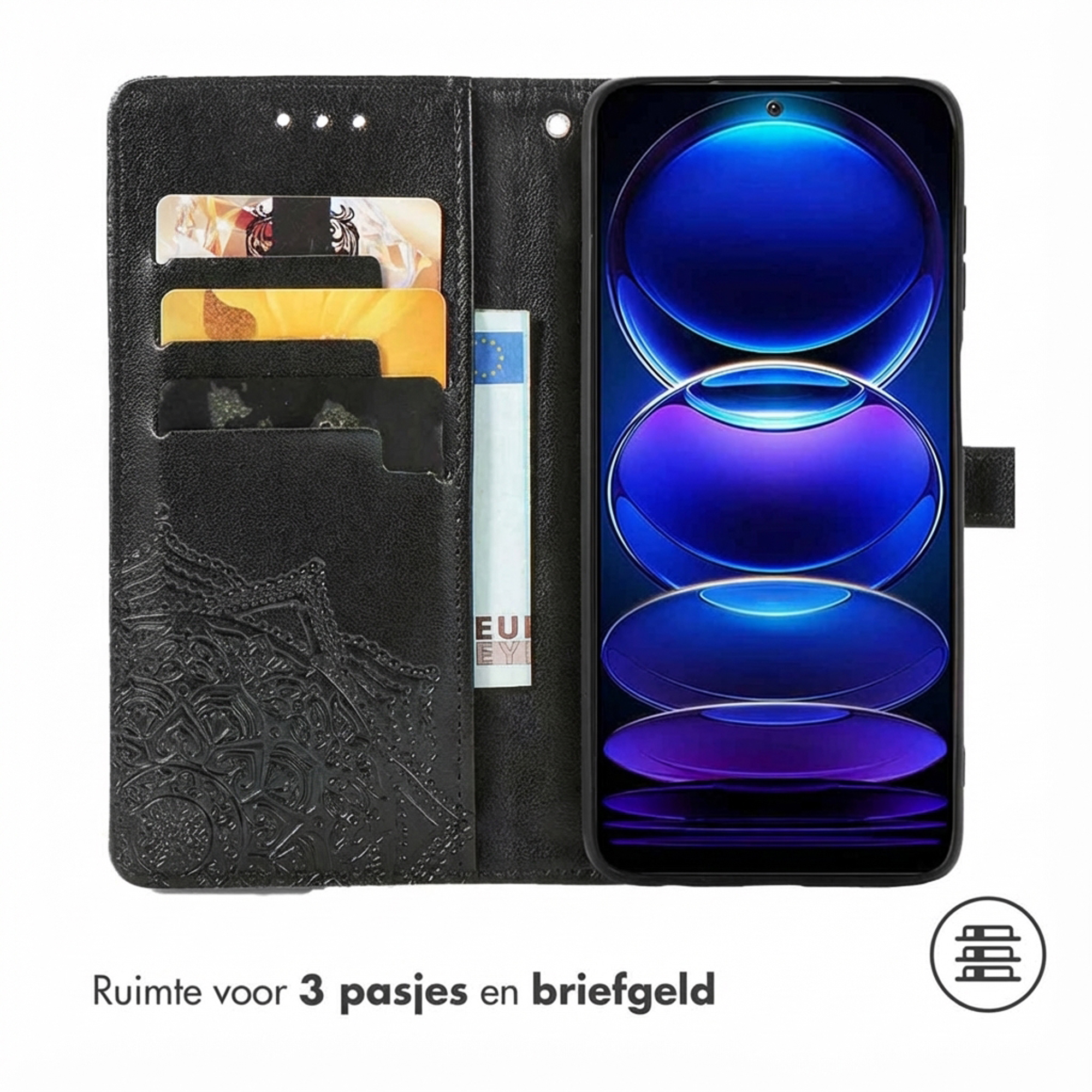 Étui de téléphone noir avec fentes pour cartes et billet en euros.