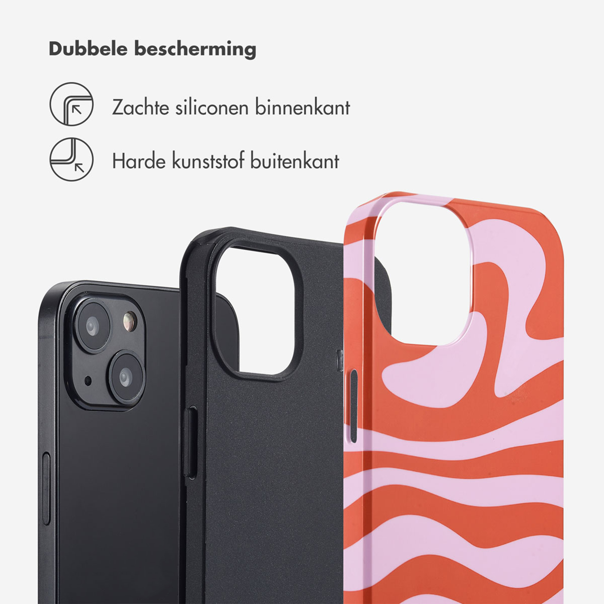 Trois coques de téléphone : noire, noire avec appareils photo, et une à rayures orange et rose.