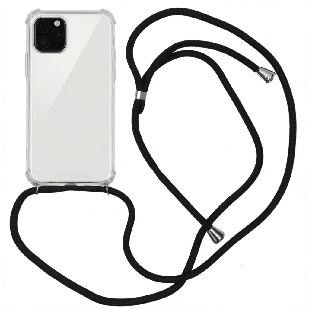 Transparante telefoonhoes met zwart koord aan de onderkant.
