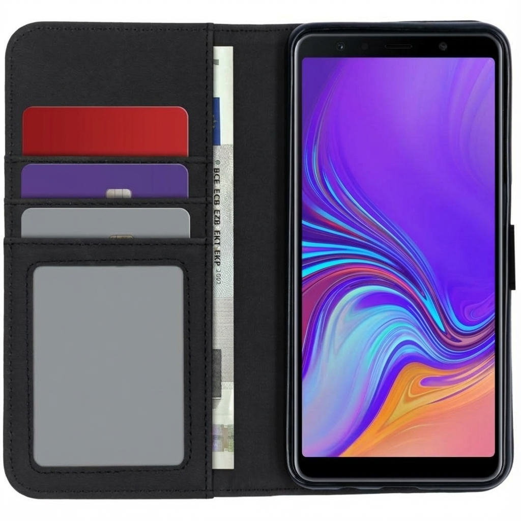 Custodia a portafoglio nera con slot per carte e scomparto banconote, accanto a uno smartphone.