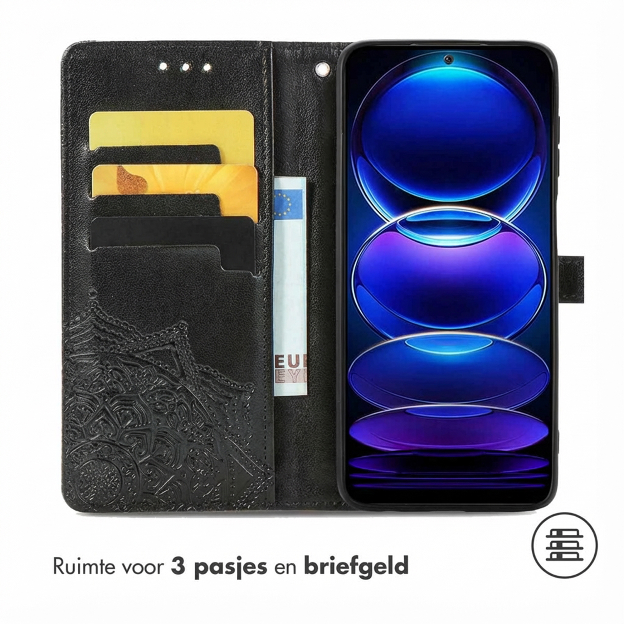 Étui portefeuille noir pour téléphone avec fentes pour cartes et téléphone affichant un fond d'écran violet-bleu.