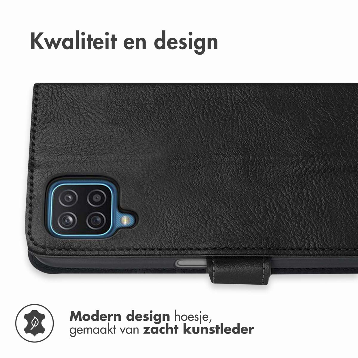 Custodia nera per telefono con quattro fotocamere e testo 'Kwaliteit en design'.