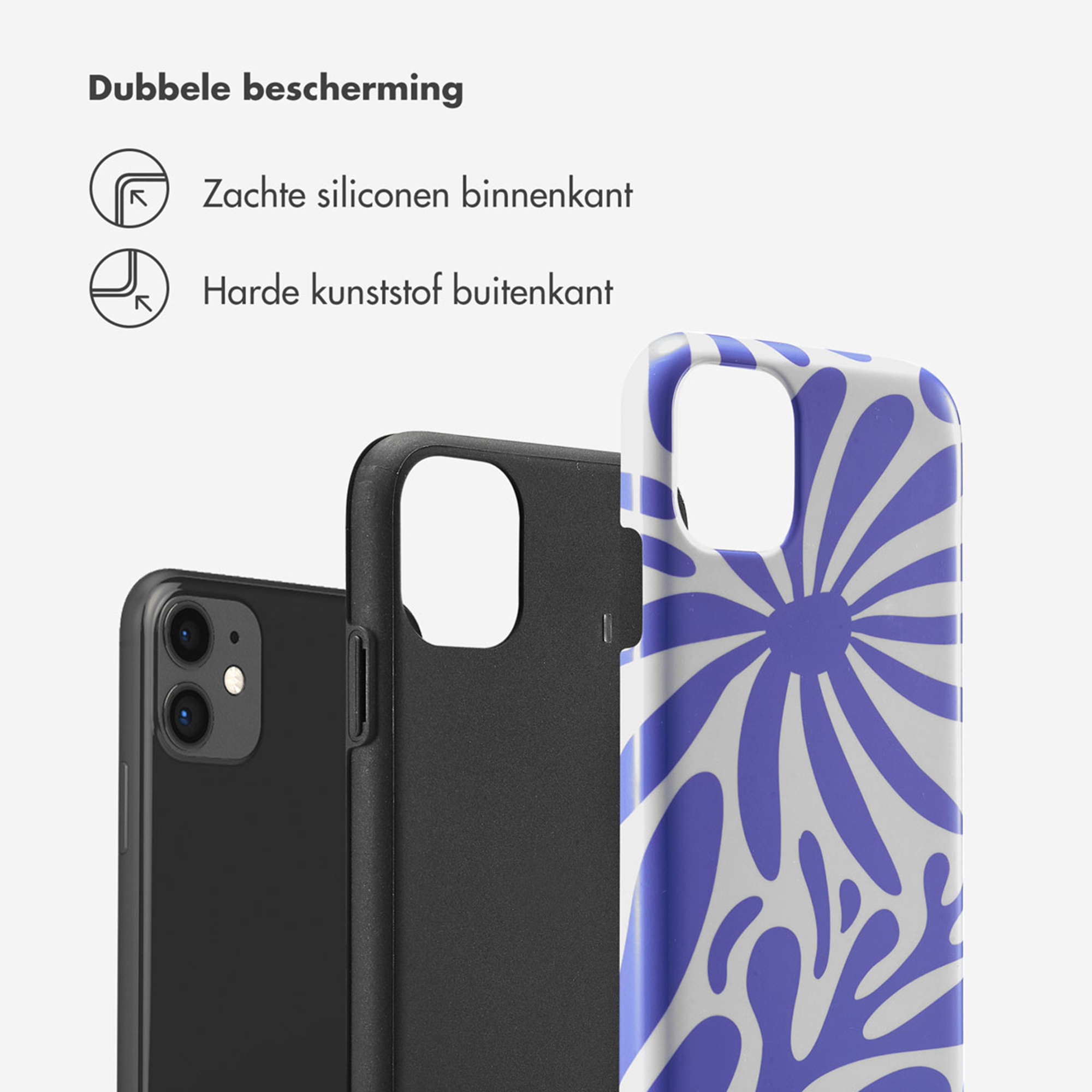 Téléphone noir avec deux coques, une à motif bleu.