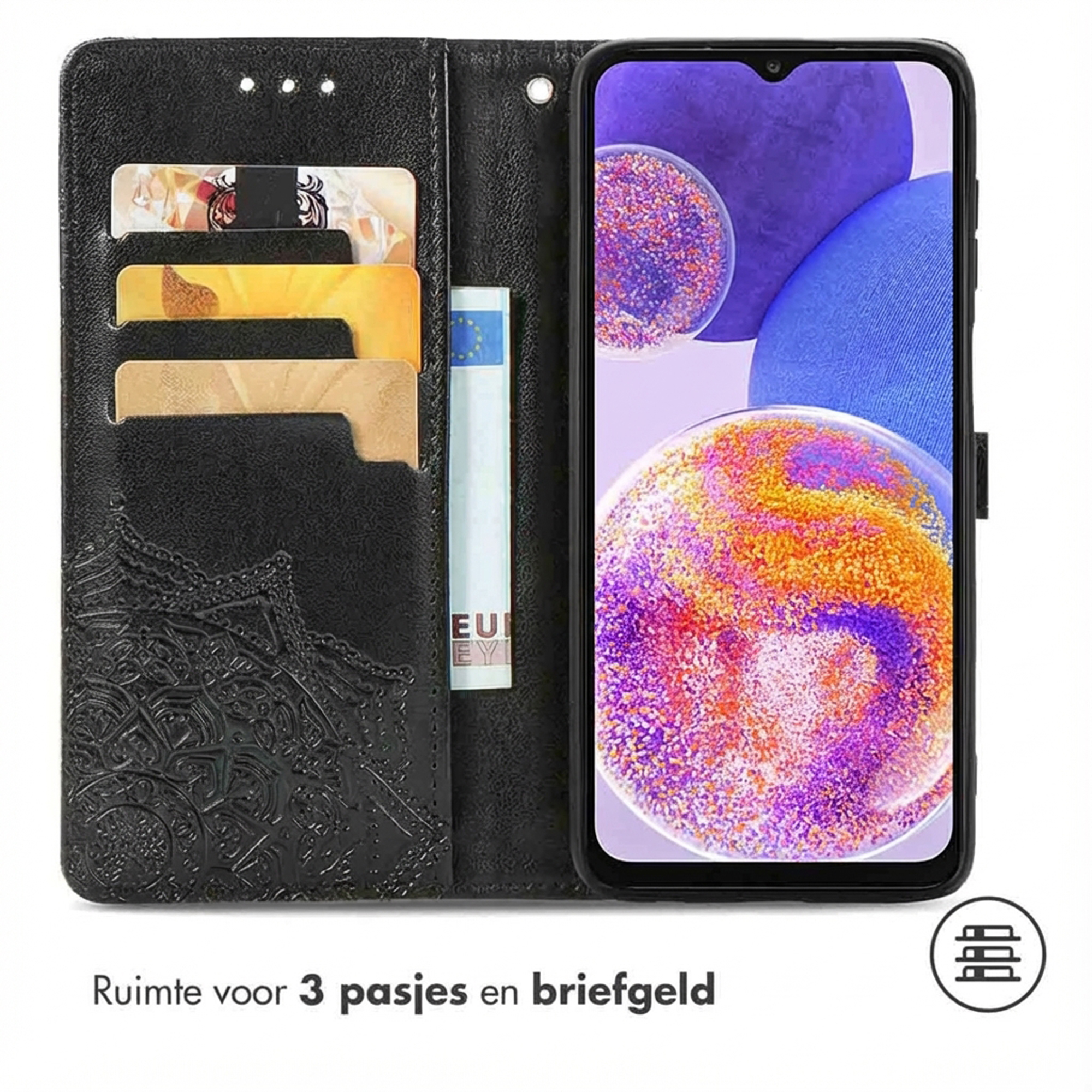 Zwarte portemonnee telefoonhoes met kaarthouders en telefoon.