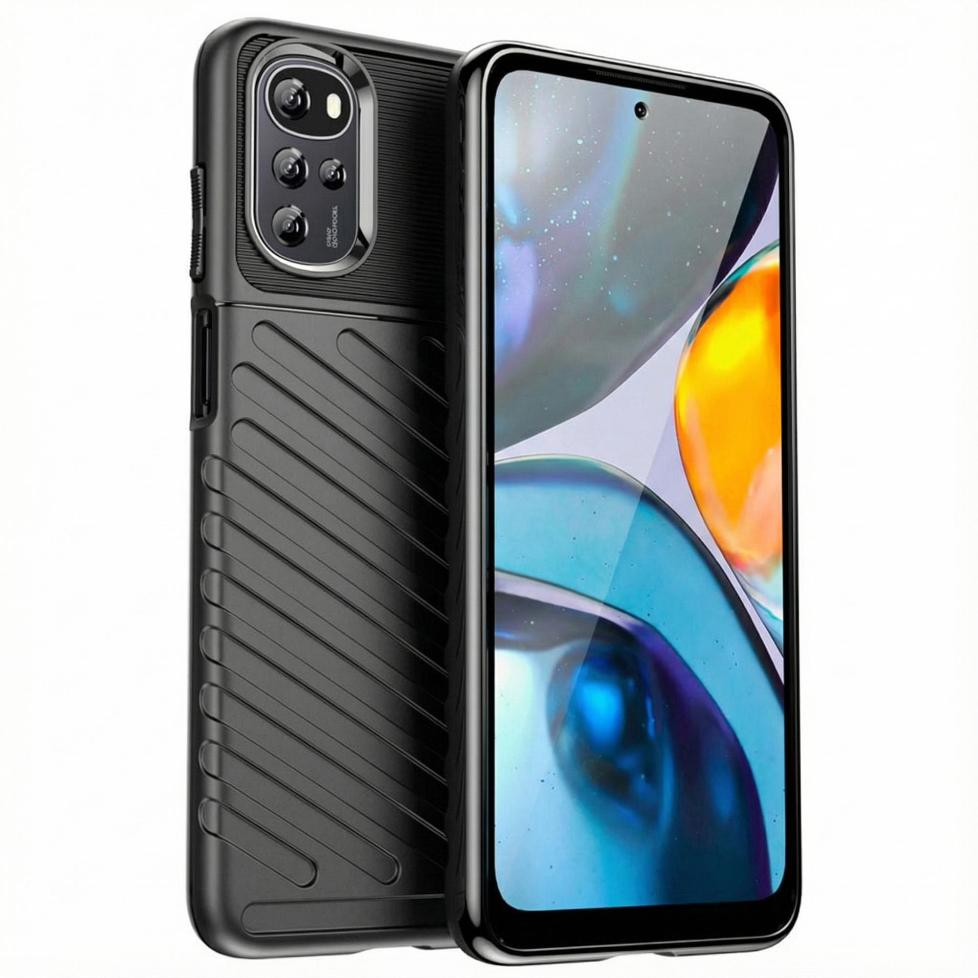 Coque de téléphone noire à motif côtelé à côté d'un smartphone à écran coloré.