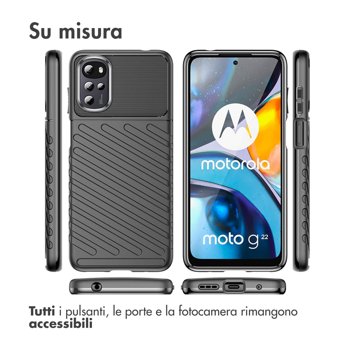 Coque de téléphone noire montrée sous plusieurs angles, avec Motorola Moto G22.
