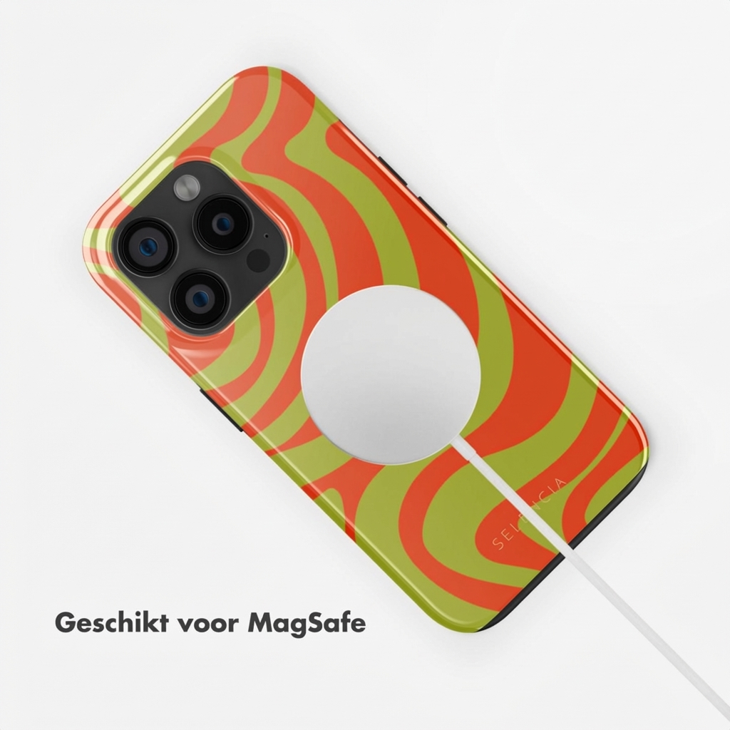 Custodia iPhone con motivo ondulato rosso e verde, con ricarica MagSafe.