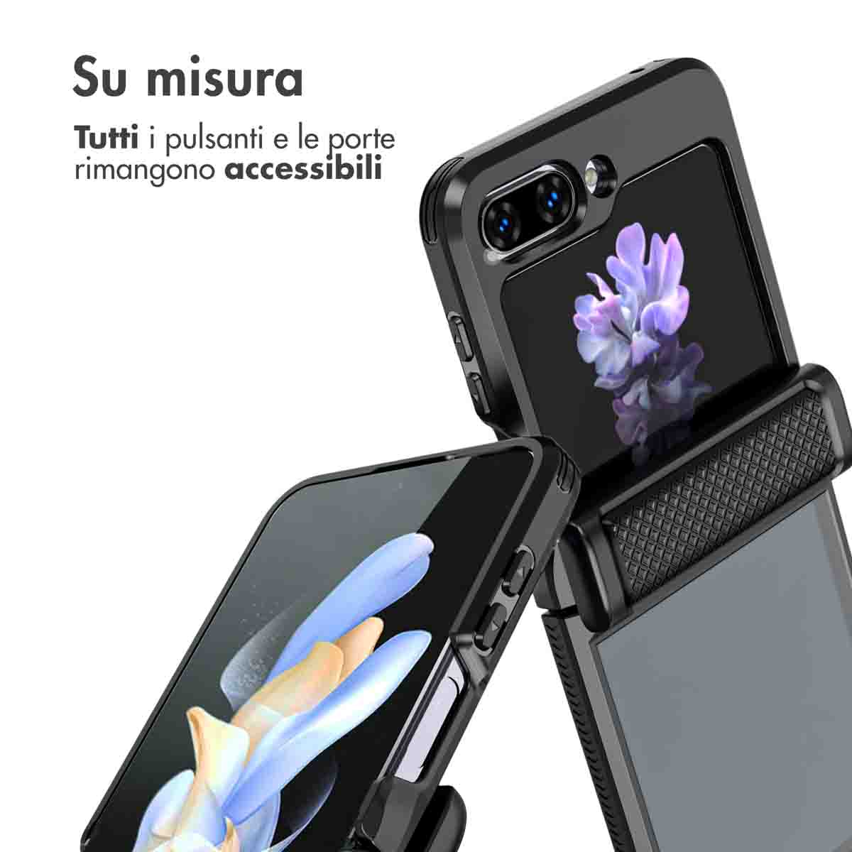 Ein schwarzes Handy mit offenem Klappbildschirm und einer Nahaufnahme.