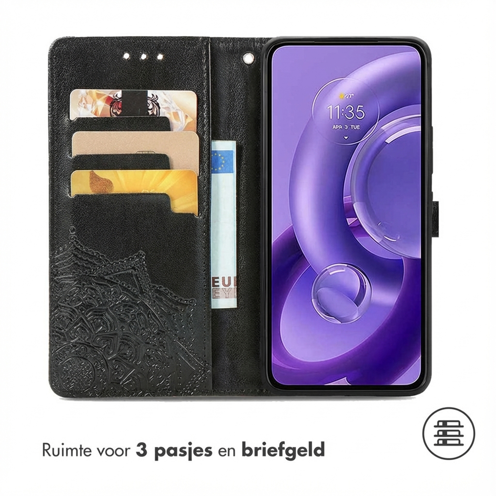 Zwarte portemonneehoes met telefoon, drie kaarthouders en een bankbiljet.