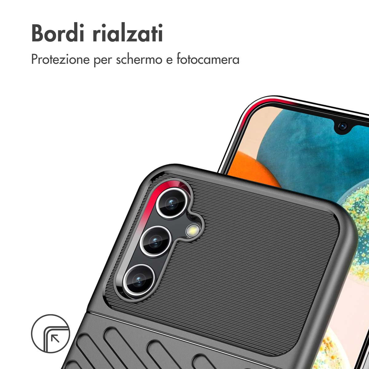 Grijze telefoonhoes met drie camera's en verhoogde randen. Een smartphone is deels zichtbaar.