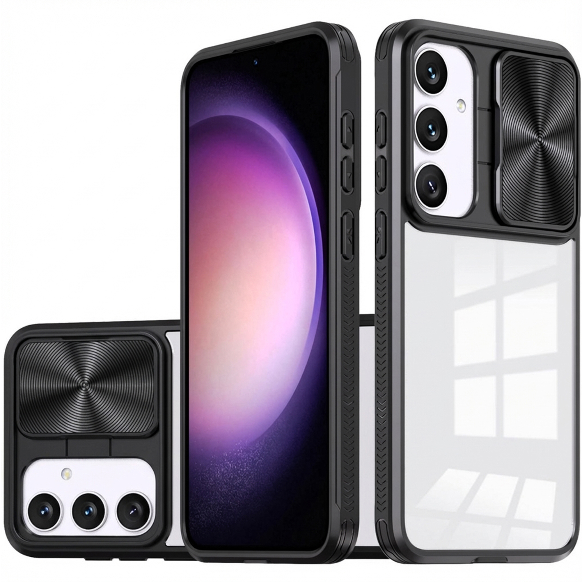 Zwarte telefoonhoes met drie camera's en schuifbare cameralens.