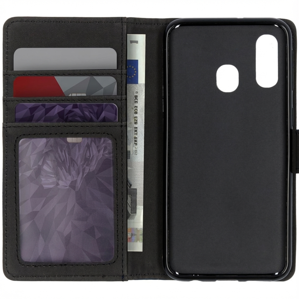 Étui portefeuille noir avec emplacements pour cartes, un billet et un support de téléphone.