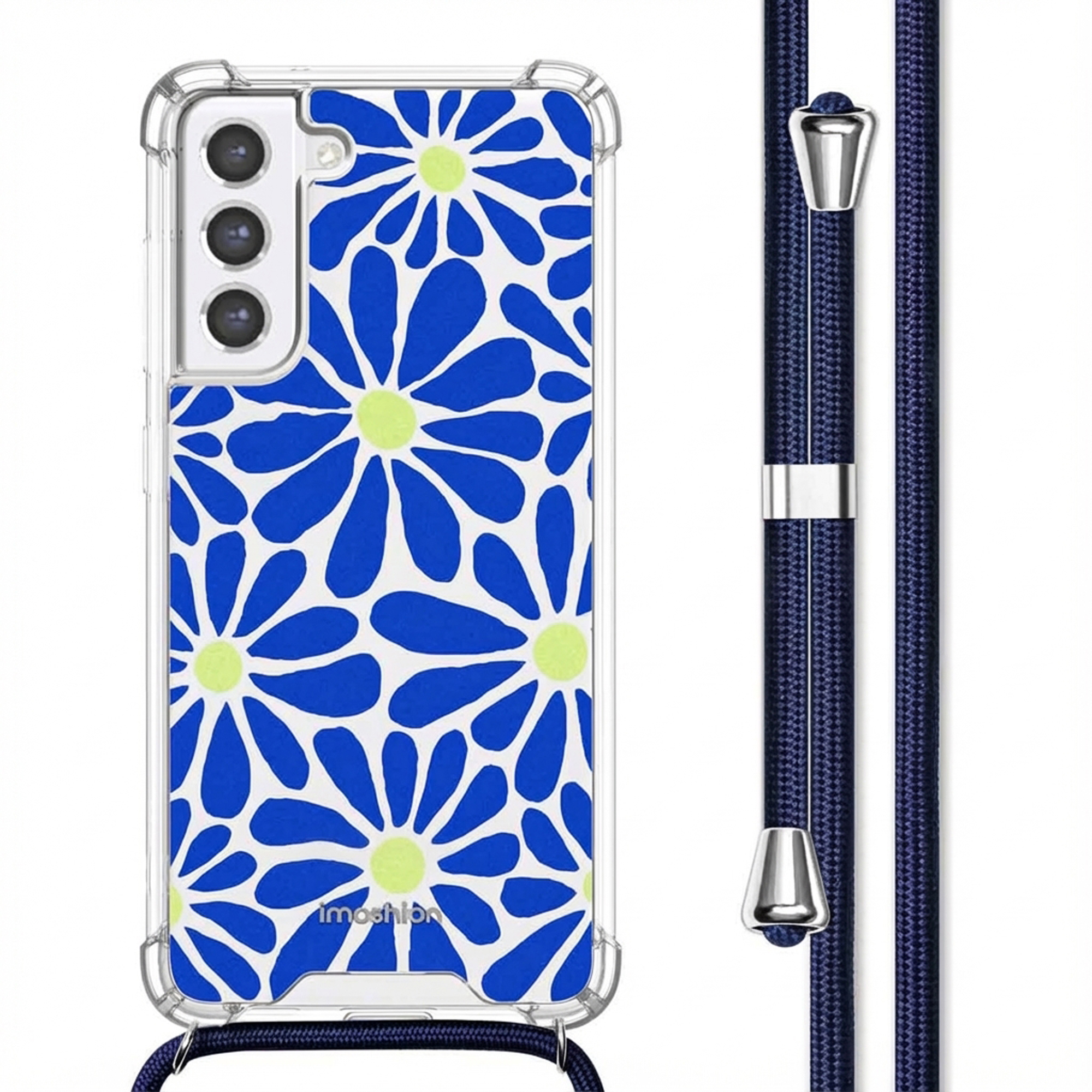 Coque transparente avec motif floral bleu et jaune et cordon.