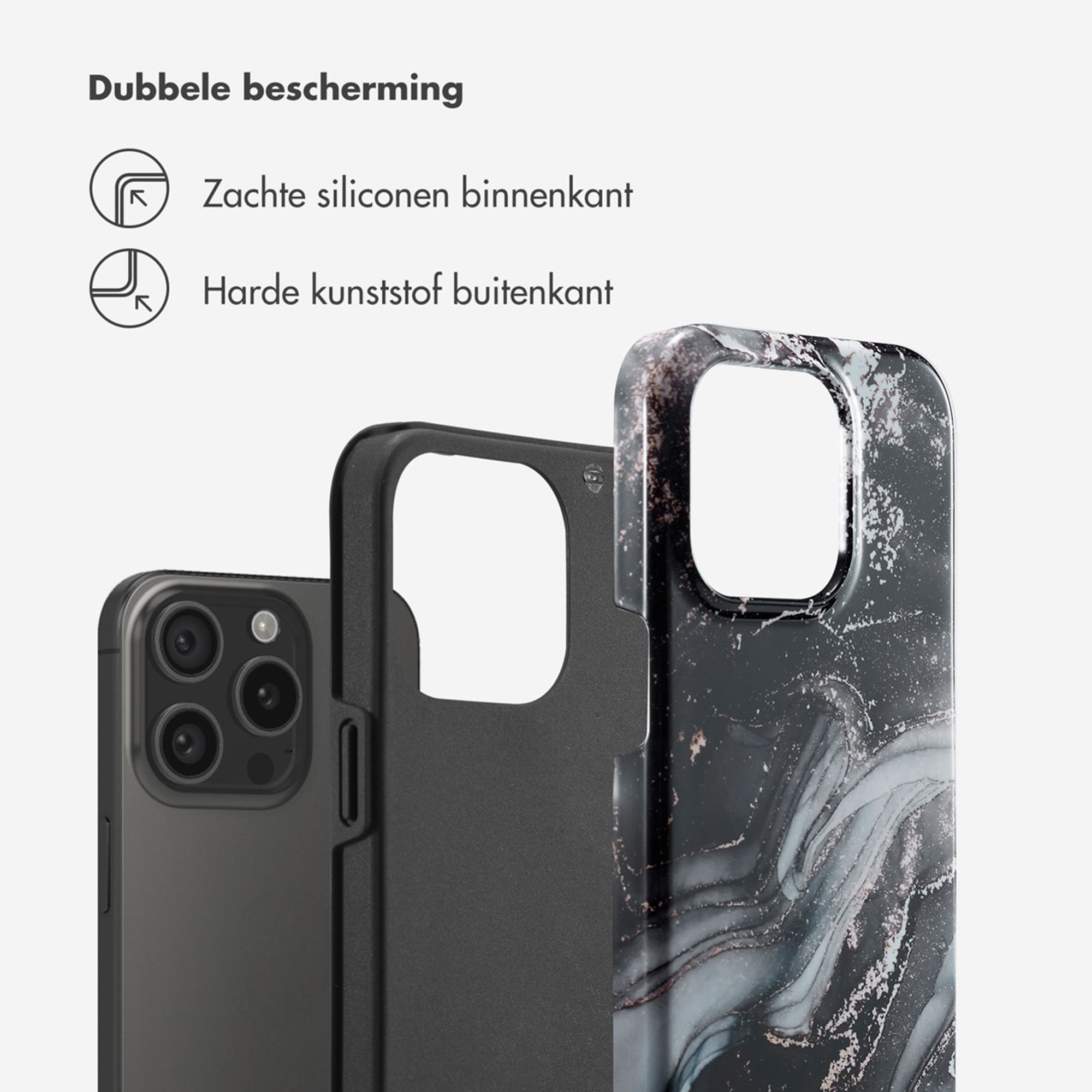 Dubbele bescherming: zachte siliconen binnenkant, harde kunststof buitenkant.