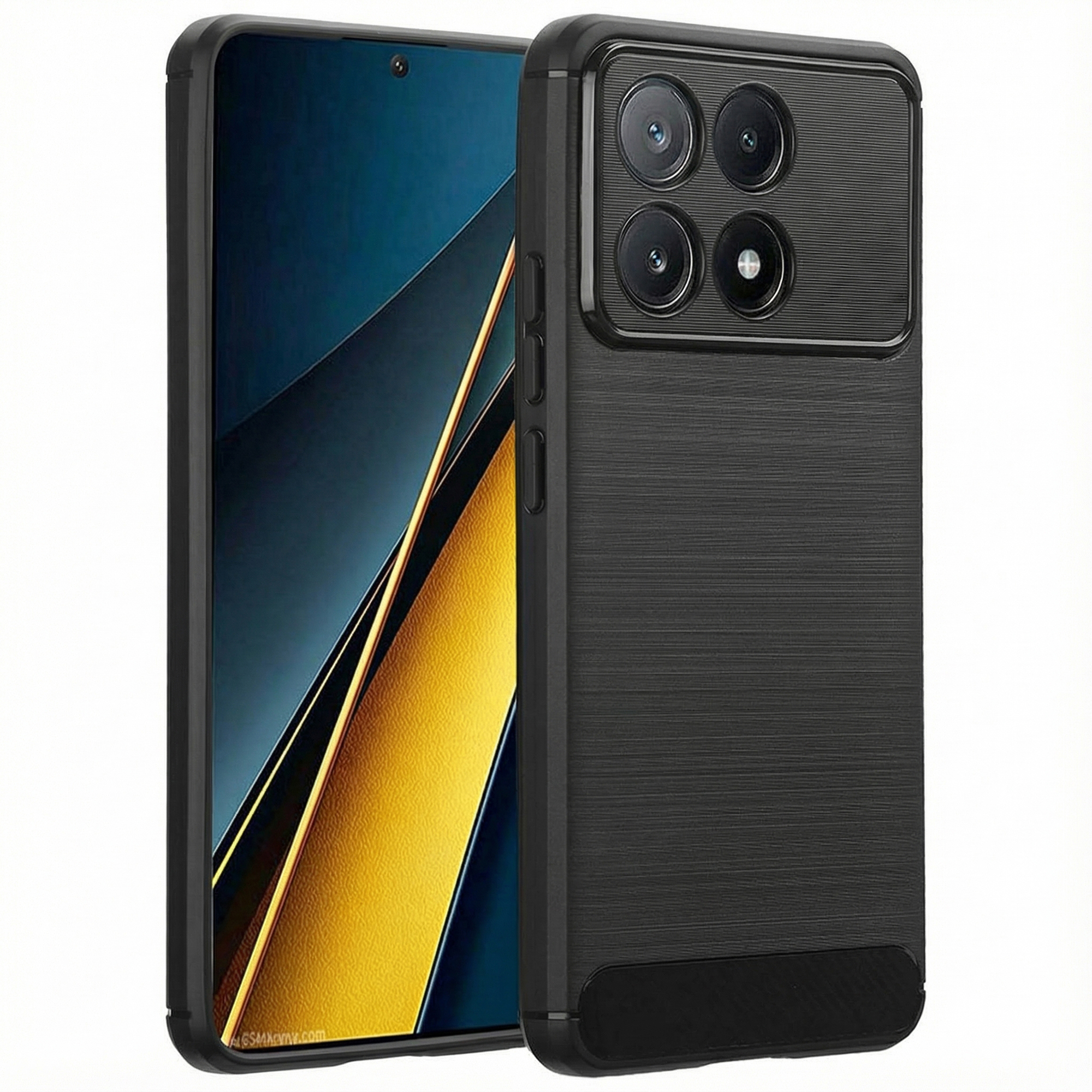Telefono nero con quattro fotocamere e schermo curvo su sfondo bianco.