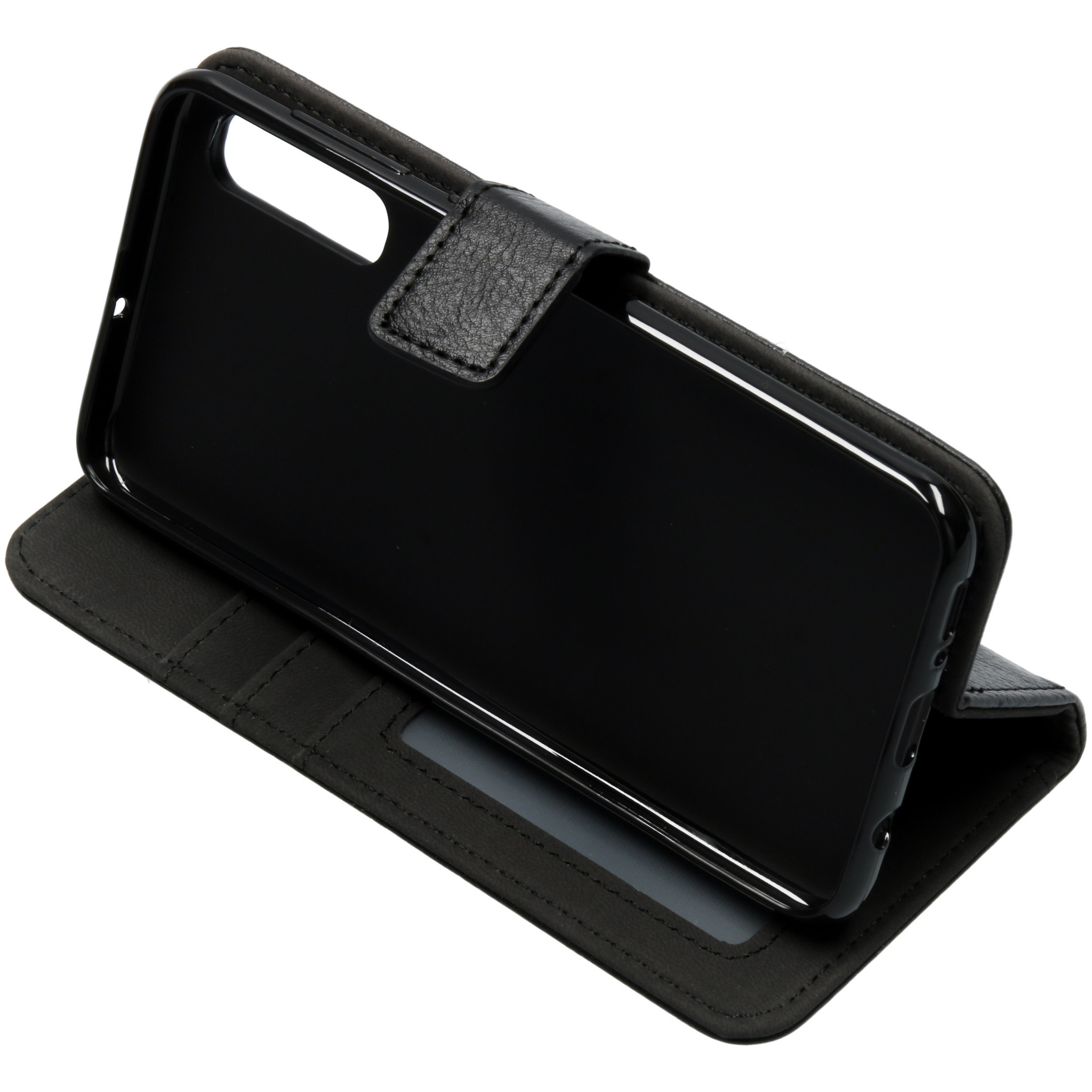 Étui portefeuille noir en cuir pour téléphone avec coutures.