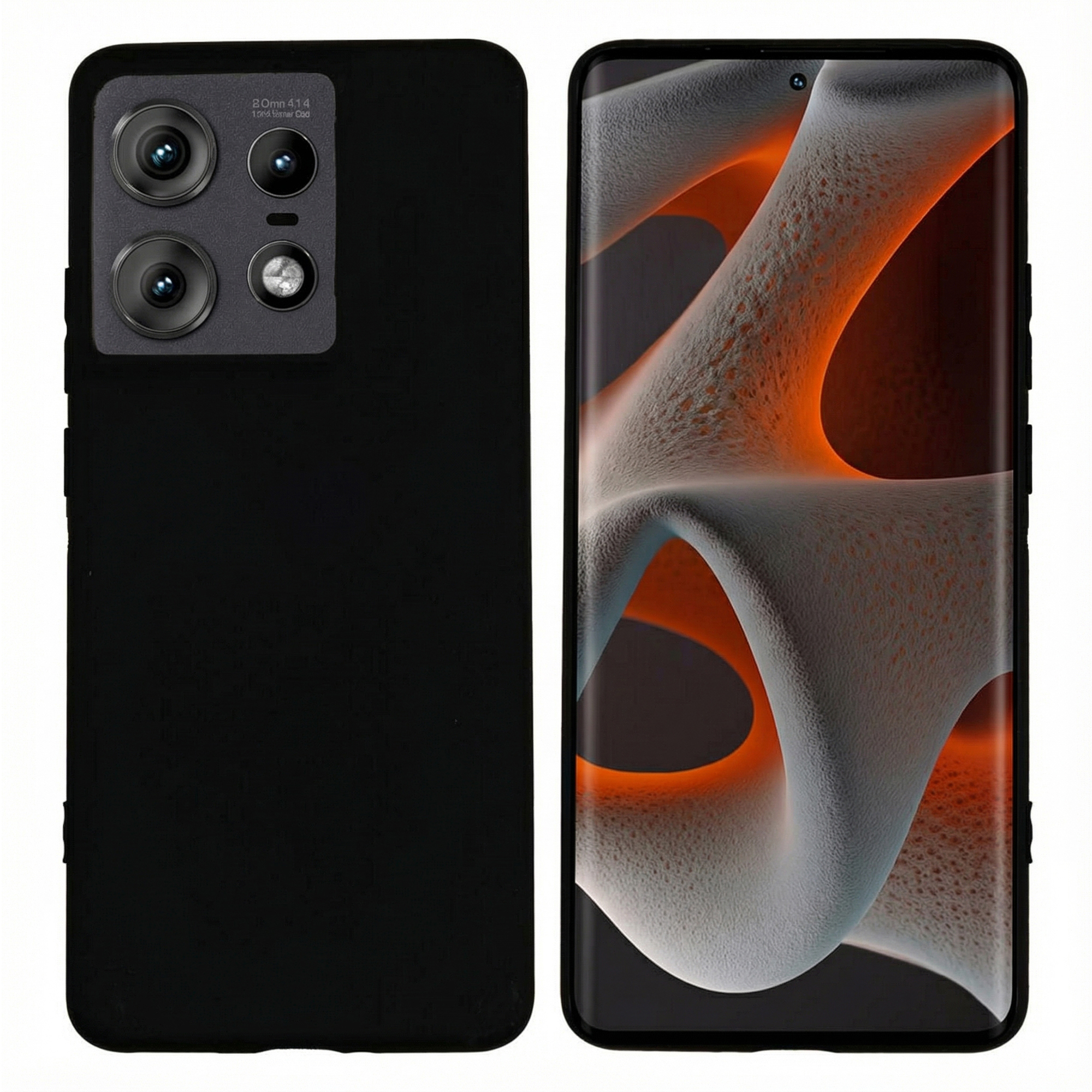 Smartphone noir avec quadruple caméra arrière et écran orange abstrait.