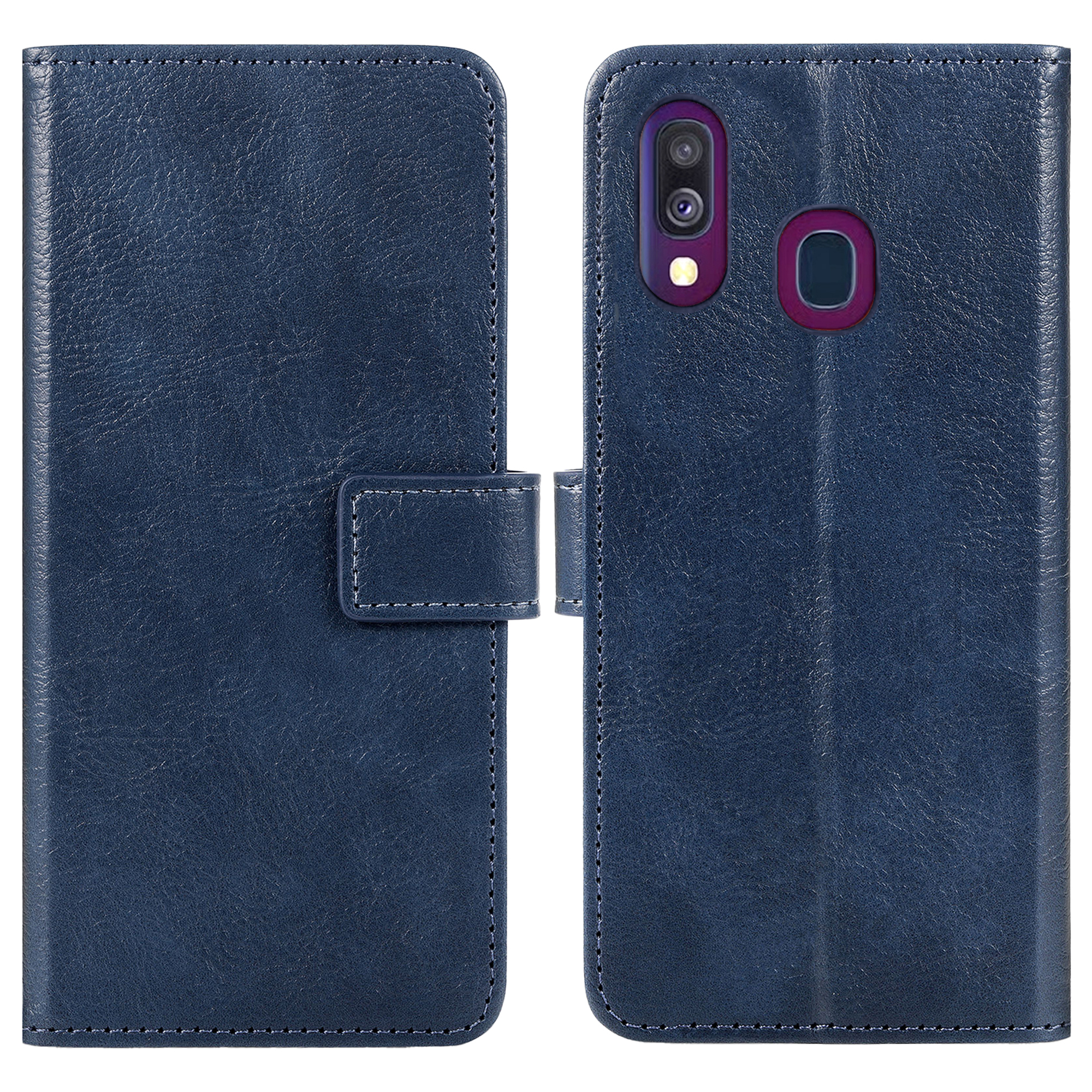 Étui de téléphone en cuir bleu foncé avec découpe caméra et capteur.