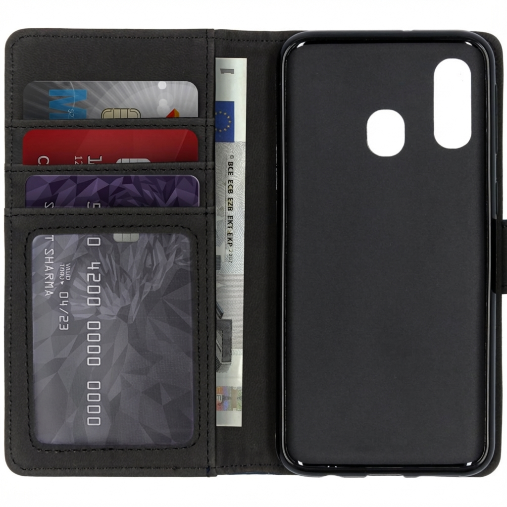 Étui portefeuille noir avec fentes pour cartes et un billet en euros. Support de téléphone à l'intérieur.